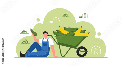 Farmer resting after harvesting vegetables with a wheelbarrow full of crops and tractor illustrations