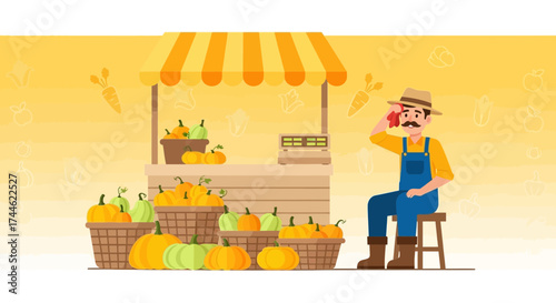 Farmer resting at pumpkin stall in autumn seasonal market, full of harvest vegetables
