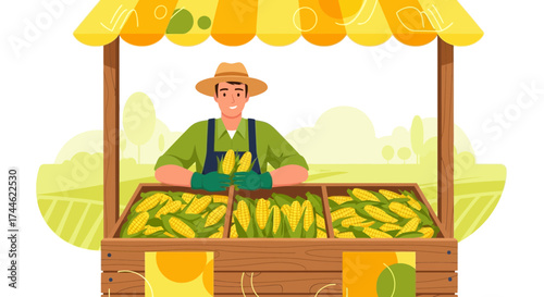 Farmer Selling Fresh Corn at Market Stall Showing Agricultural Abundance and Harvest