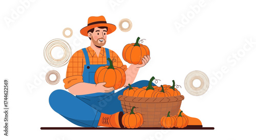 Farmer Shows Fresh Harvest of Orange Pumpkins in Autumnal Illustration