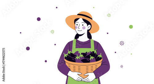 Farmer Smiling After Harvesting Eggplants In Her Farm Depicting A Healthy Lifestyle Scene