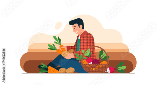 Farmer Sorting And Reaching For The Harvested Produce, Basket, Carrots, and Potatoes