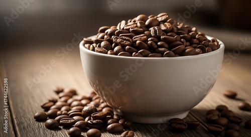 Closeup of Freshly Roasted Coffee Beans in a White Bowl on a Wooden Table.
