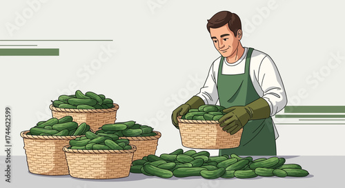 Farmer Sorts Vegetables, Fresh Cucumbers Being Placed Into Baskets For Sale And Distribution