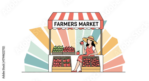 Farmer's Market Illustration of a Woman Selling Fruits at a Local Produce Stand
