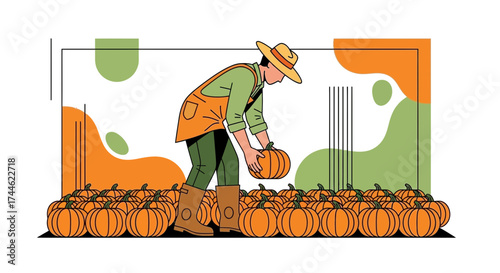 Farmhand Harvesting Pumpkins With Artistic Background and Harvest Season Concept