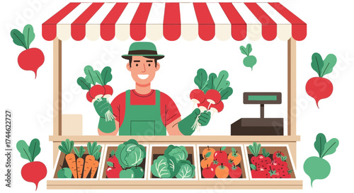 Fresh Produce Vendor: Cheerful Seller Offers Variety of Colorful Vegetables and Fruits For Sale