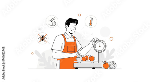 Fresh Produce Weighing And Hygiene Practices Depicted In A Modern Illustration
