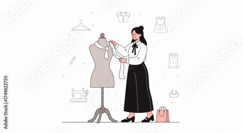 Fashion Designer Working On Apparel Using Dress Form And Conceptual Clothing Elements