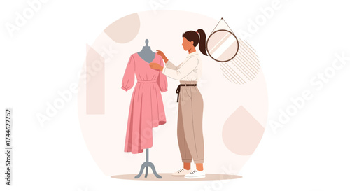 Fashion designer working on dress design in studio with dress form and mirror