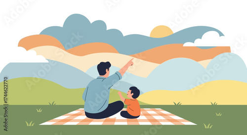 Father And Son Enjoying Scenic Views During A Pleasant Picnic In Nature