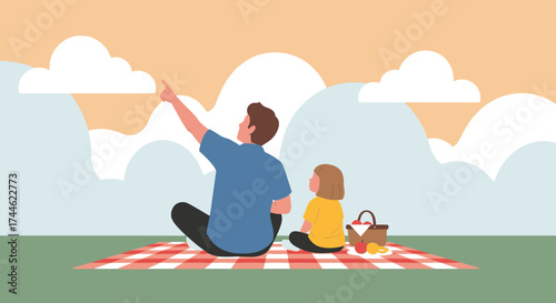 Father And Daughter Enjoying A Picnic While Gazing At The Cloudy Sky Together