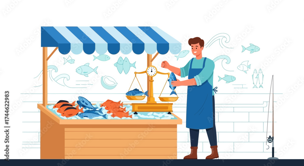 Fototapeta premium Fisherman Weighing Freshly Caught Fish at Market Stall for Selling to Customers
