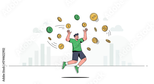 Financial Success: Joyful Person Celebrating Wealth with Coins Symbolizing Prosperity