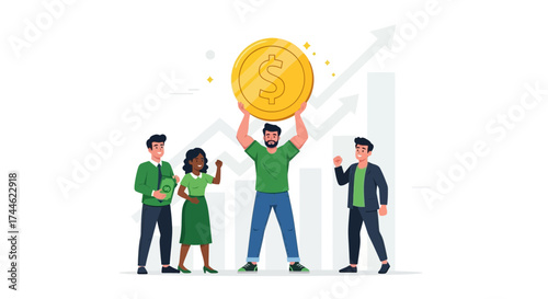 Financial Triumph: Diverse Team Celebrating Monetary Success With Large Currency Symbol