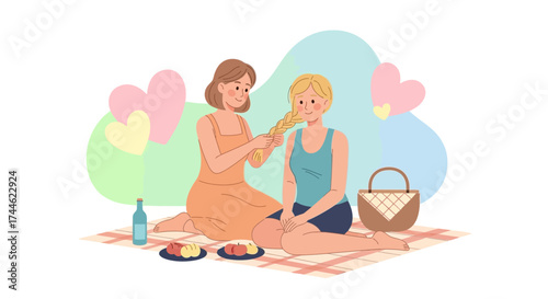 Female Friends Braiding Hair Together During a Romantic Picnic with Hearts in the Background
