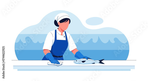 Female Food Handler Sanitizing Seafood, Fresh Fish, and Preparing It for Sale