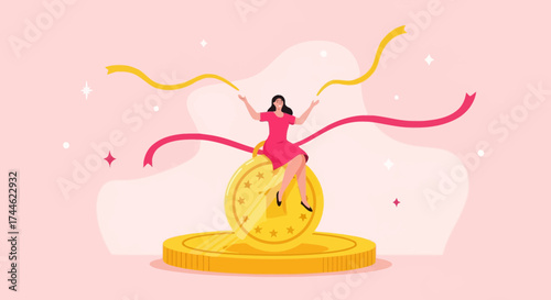 Financial Triumph: A Woman Celebrates Her Success Sitting atop A Golden Coin