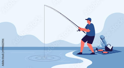 Fisherman Casting Fishing Rod With Picnic Basket In A Peaceful Lakeside Scene
