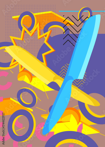 Kitchen Knife geometrical graphic retro theme background. Minimal geometric elements. Vintage abstract shapes vector illustration.