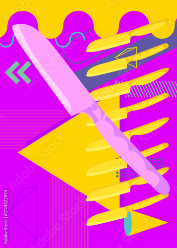 Kitchen Knife geometrical graphic retro theme background. Minimal geometric elements. Vintage abstract shapes vector illustration.