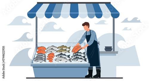 Fishmonger Arranging Seafood Display at a Coastal Market Stall for Customers to Buy