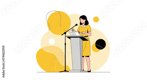 Female Presenter Delivering Speech at Podium During Conference, Abstract Background