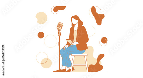 Female Presenter Sitting Near Microphone Preparing For a Speech Minimalist Illustration