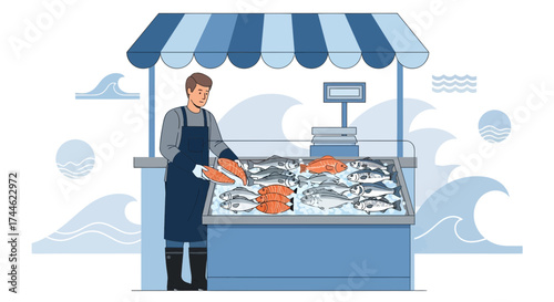 Fishmonger At His Stall Selling Fresh Seafood With A Sunny Blue Sky Background