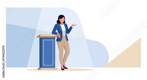 Female Presenter Standing Behind Podium Speaking During Presentation On A White Background