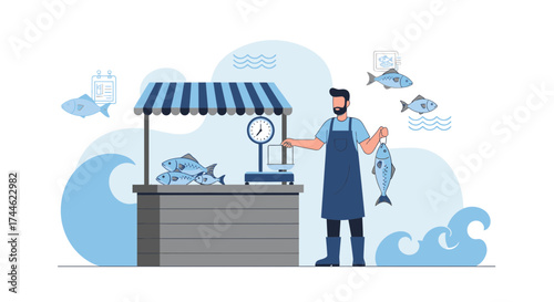 Fishmonger Displaying Fresh Catches at a Market Stall, Coastal Illustration