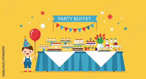 Festive Kids Birthday Party Scene with Cake, Sweets, and a Cheerful Young Boy