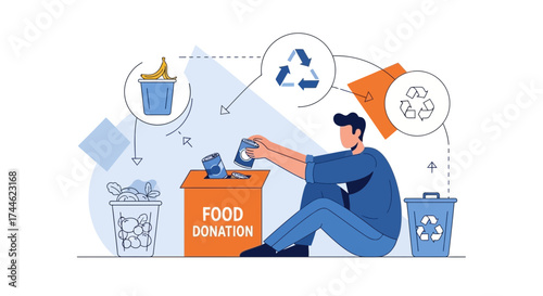 Food donation and recycling illustration featuring an individual contributing to sustainability practices