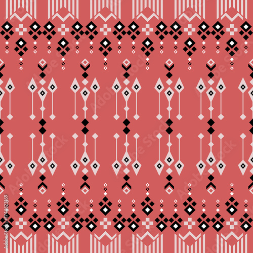Geometric Ethnic pattern, Native American tribal fabric, tile, carpet, vector, illustration design, on a red-orange  background 