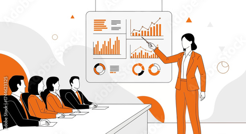 Financial Analyst Leading Team Reviewing Economic Indicators and Business Statistics