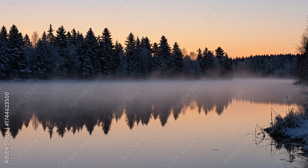Fototapeta premium Misty Lake with Evergreen Trees Reflected at Sunset in Winter Landscape