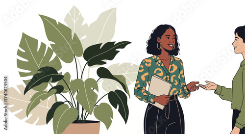 Friendly Business Discussion Between Two Women With Foliage as a Supporting Graphical Element