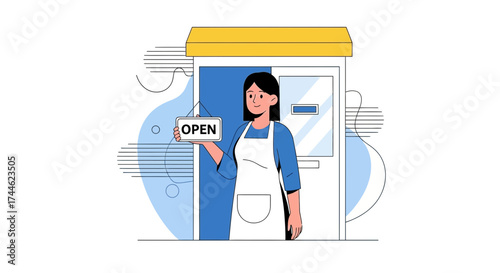Friendly Businesswoman Holding Open Sign, Welcoming Customers, Shop Ready Is Open Now