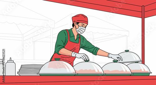 Food Vendor Preparing Delicacies While Wearing Mask To Protect Themselves And Customers