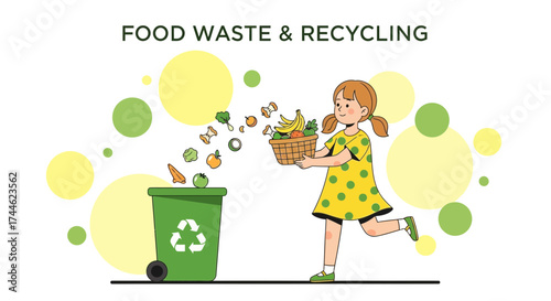 Food Waste Disposal And Environmental Preservation With Illustration Of Girl and Bin
