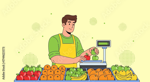 Friendly Fruit Seller Weighing Apples with Various Fruits on Display, Illustration
