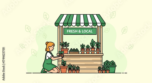 Fresh And Local Market Stall With Woman Planting Plants, Eco Business, Agriculture, Illustration