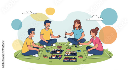 Friends Enjoying A Leisurely Sushi Picnic Outdoors In A Serene And Pleasant Environment