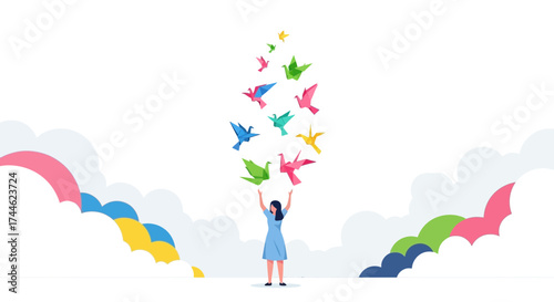 Freedom Through Origami Birds Reaching Into The Sky Against A Pastel Colored Backdrop