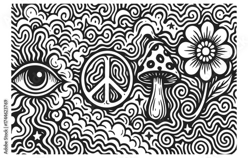 Psychedelic Peace and Nature Doodle Illustration Collection Isolated on Transparent Background, Generative AI