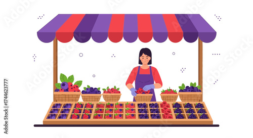 Fresh Berries Market Stall Selling Variety Of Appetizing, Luscious, And Colorful Fruits Display