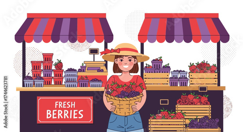 Fresh Berries Market Vendor Selling Various Sweet And Juicy Fruits At Farmers Market