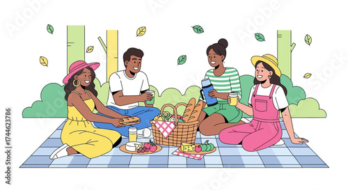 Friends Enjoying A Picnic Time In The Park Under A Sunny Day, Sharing Moments