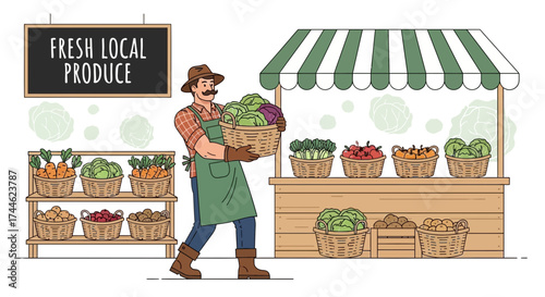 Fresh Farm Market Scene Featuring Farmer, Vegetables, And Produce Display, Natural Shopping