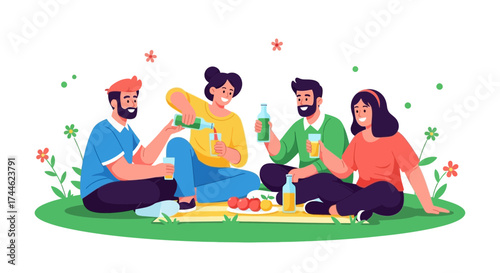 Friends enjoying a picnic outdoors, drinking juice and spending time together amicably